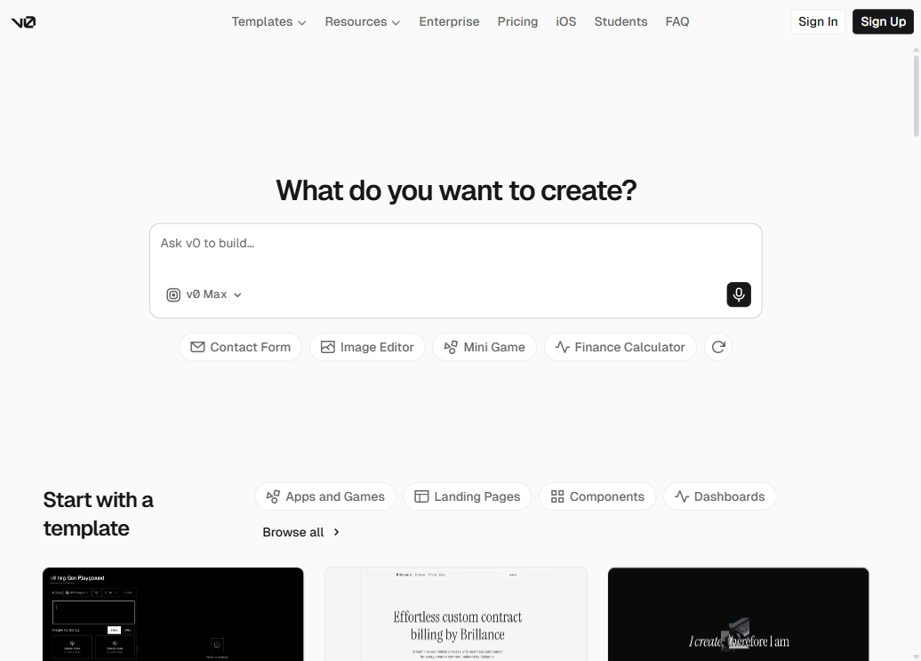 v0.dev homepage by Vercel