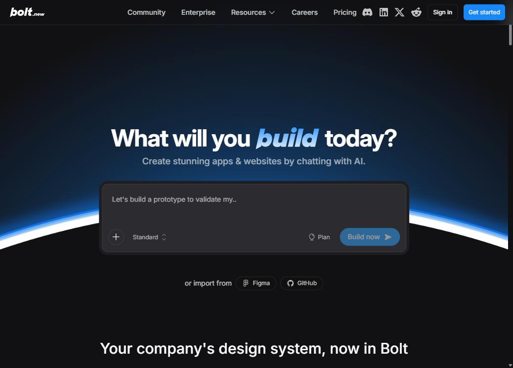 Bolt.new homepage — AI builder: Websites, apps & prototypes