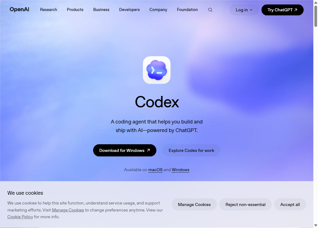OpenAI Codex homepage — A coding agent that helps you build and ship with AI