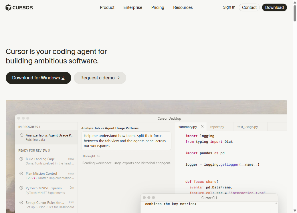 Cursor homepage — 'Cursor is your coding agent for building ambitious software'