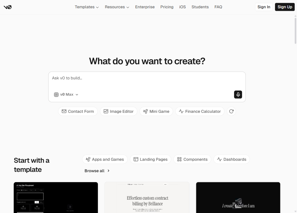 v0 by Vercel homepage — Build Full-Stack Web Apps with AI