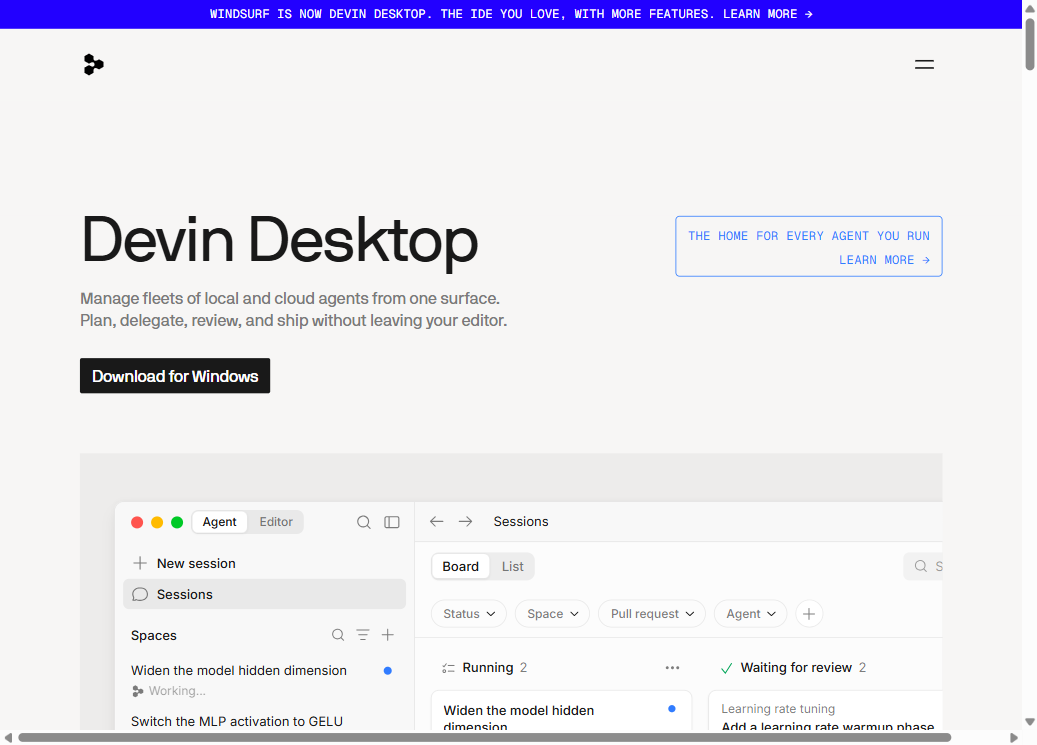 Windsurf — now Devin Desktop homepage showing 'WINDSURF IS NOW DEVIN DESKTOP'
